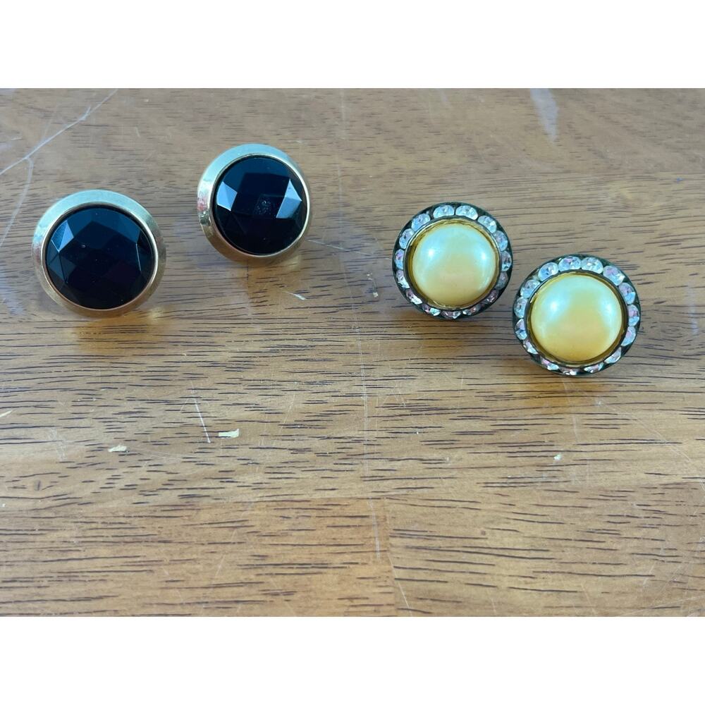 VTG Screw Back Earrings Black Acrylic Faux Pearl Rhinestones
